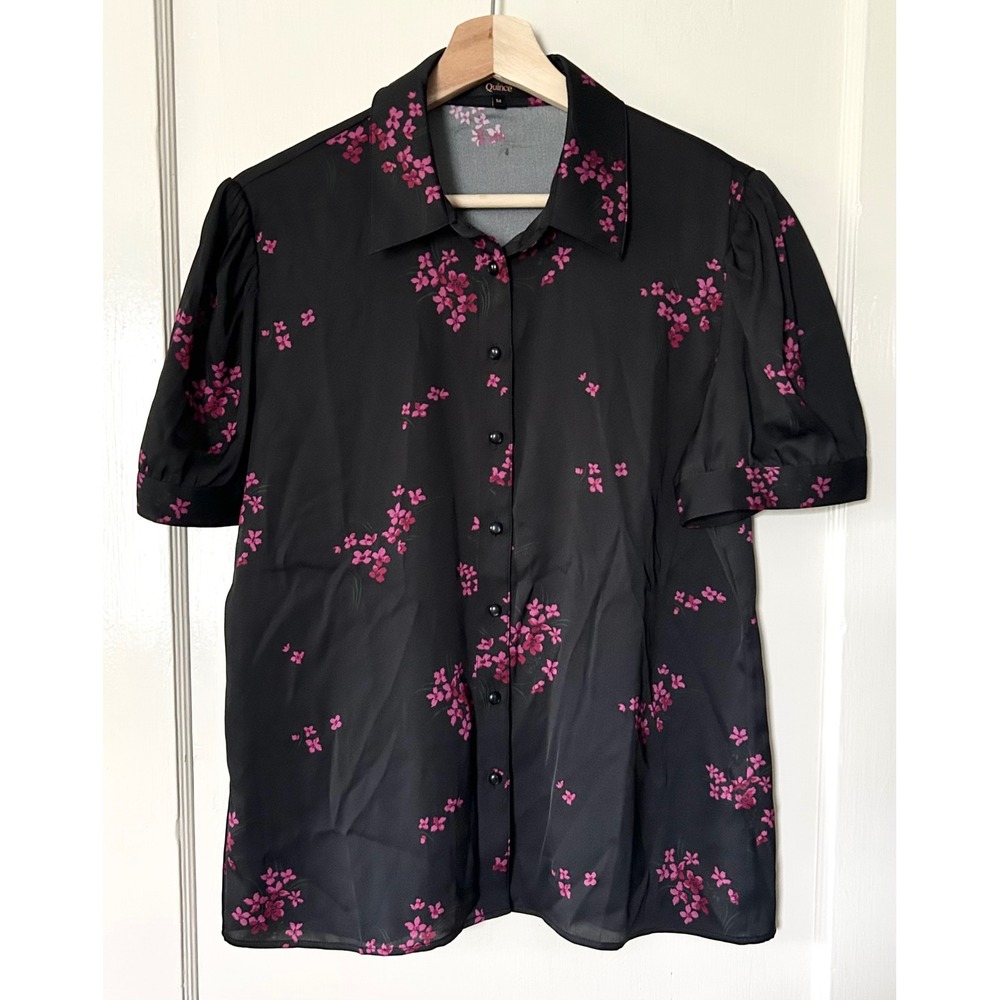 Quince Washable Stretch Silk Puff Sleeve Blouse Garnet Garden M Quiet Luxury - Picture 2 of 7